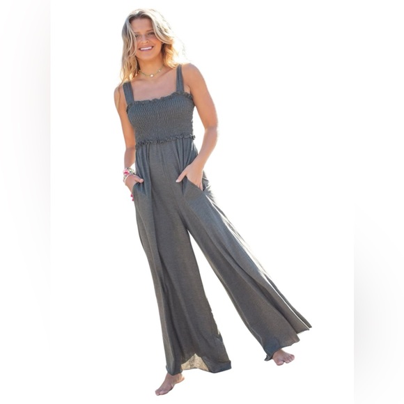 NATURAL LIFE Pants - NATURAL LIFE Harper Knit Wide Leg Cut Your Own Length Smocked Jumpsuit Sage M